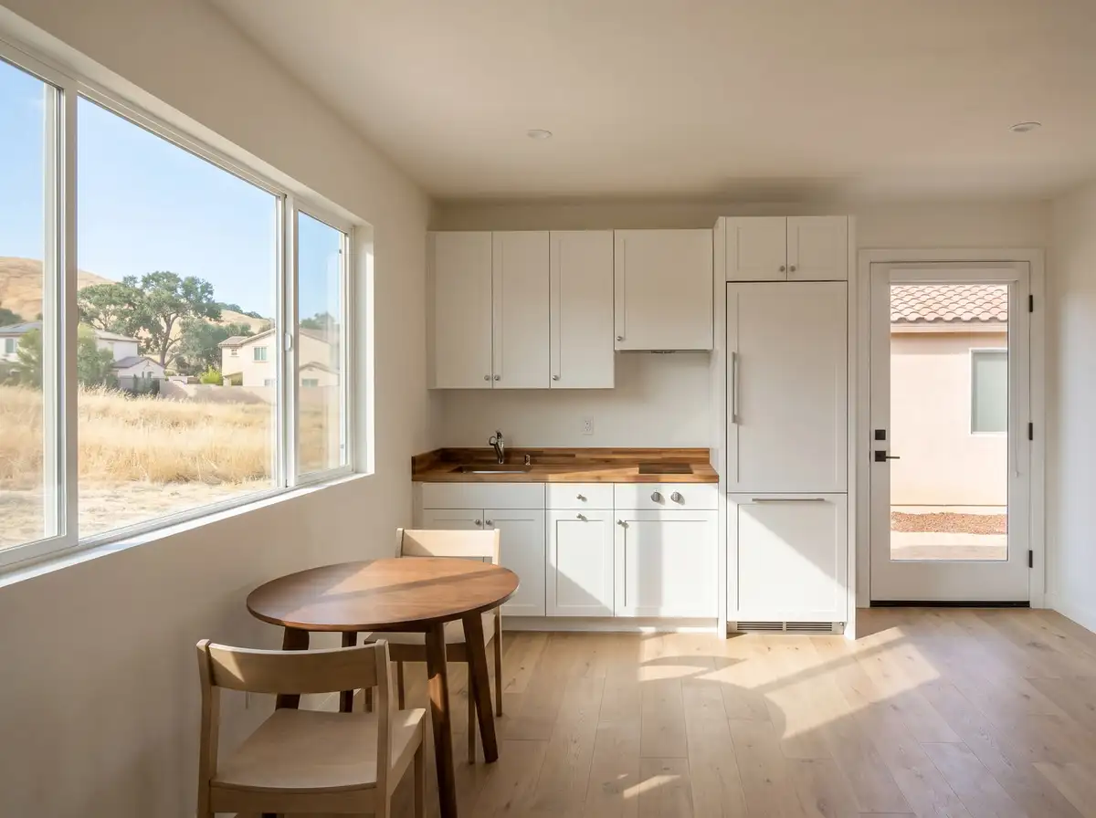 Garage ADU with a kitchenette, a small dining table and a wide window where the garage door used to be, AI-generated illustration
