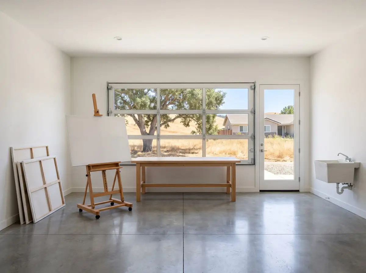 Garage converted into an art studio with a worktable, an easel with a blank canvas and a wide window, AI-generated illustration