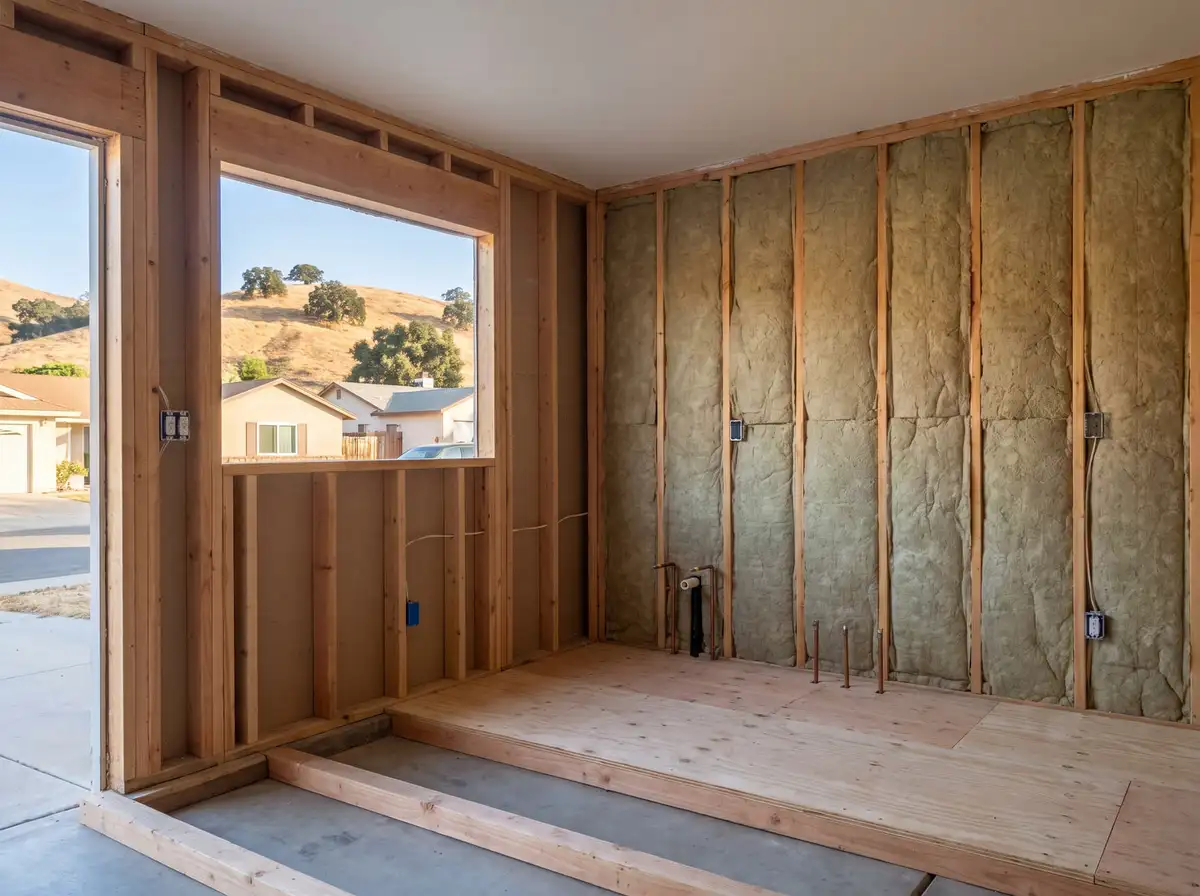 Garage mid-conversion with the door opening framed in, insulation between the studs and a new subfloor over the slab, AI-generated illustration