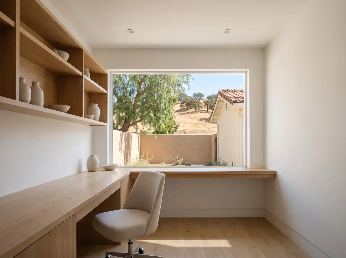 Garage converted into a home office with a built-in oak desk under a new window, AI-generated illustration